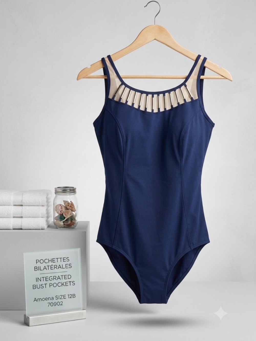 beach Amoena Cuba Mesh Neck One Piece Pocketed Swimsuit 12B Mastectomy